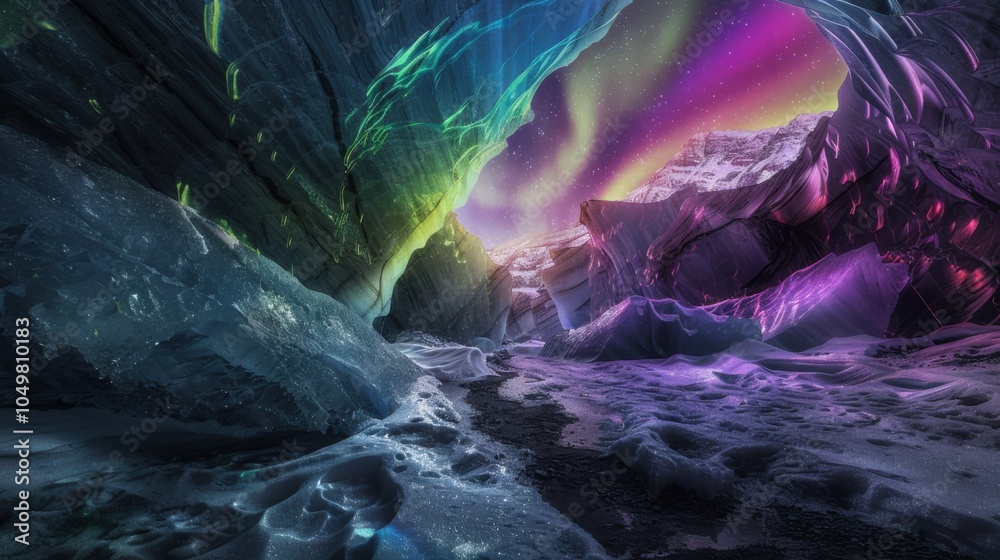 Aufkleber A mesmerizing view of a remote ice cave with multi-hued crystal formations and a rare, bright aurora borealis creating a surreal light show within the icy confines, Ice cave scene