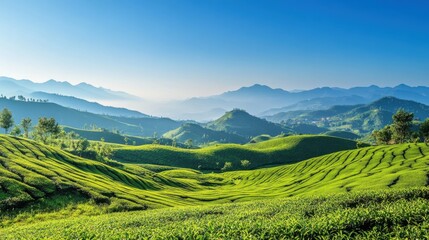 Obraz premium A picturesque view of Muzangchai lush green tea fields stretching across rolling hills under