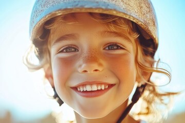 Fototapeta premium A joyful child wearing a helmet smiles brightly in the warm sunlight