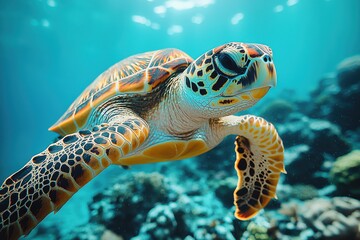Fototapeta premium Close-up of a sea turtle swimming gracefully in clear blue ocean waters, showcasing vibrant colors and intricate shell patterns in a coral reef.