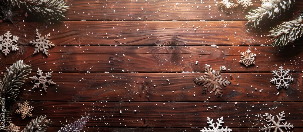 Aufkleber Brown wooden Christmas background with snowflakes and space. with copy space image. Place for adding text or design