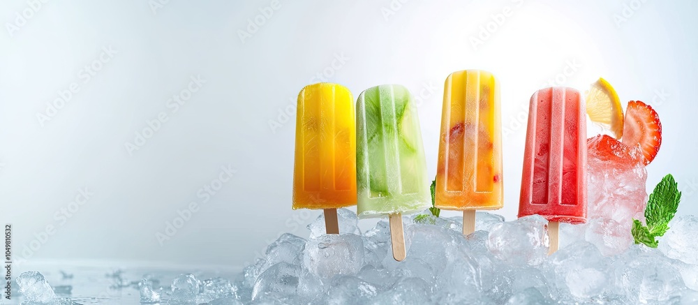 Leinwandbilder fresh juice popsicles on ice cubes. with copy space image. place for adding text or design