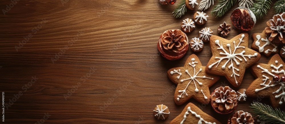 Poster arrangement of delicious gingerbread cookies and christmas decorations on a wooden surface. with cop