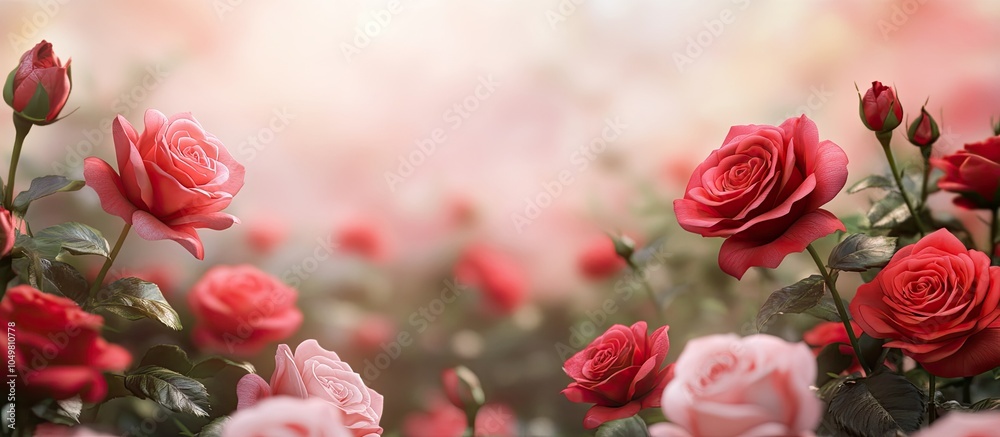 Poster Red and pink roses with a backdrop of flower buds. with copy space image. Place for adding text or design