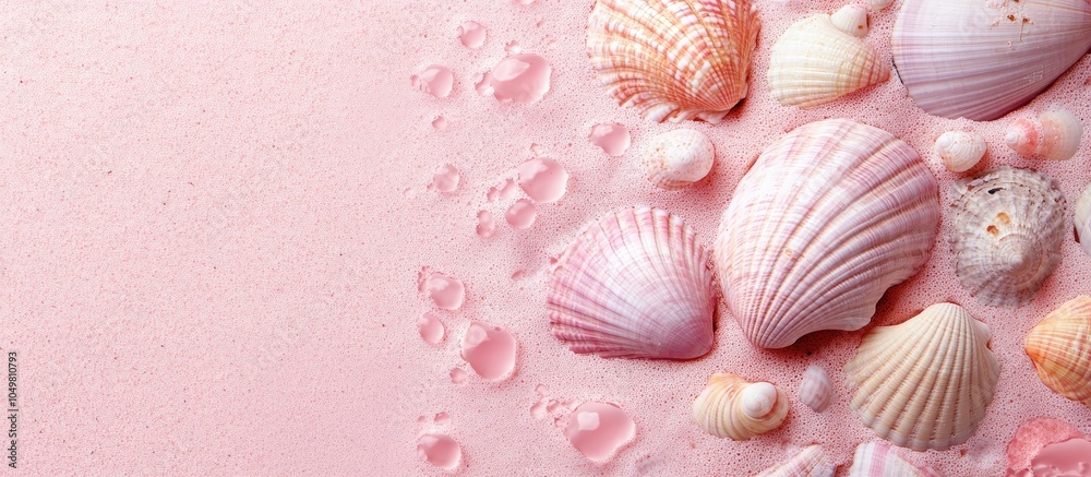 Poster Pink sandy texture featuring seashells and pebbles for a summer backdrop with copy space