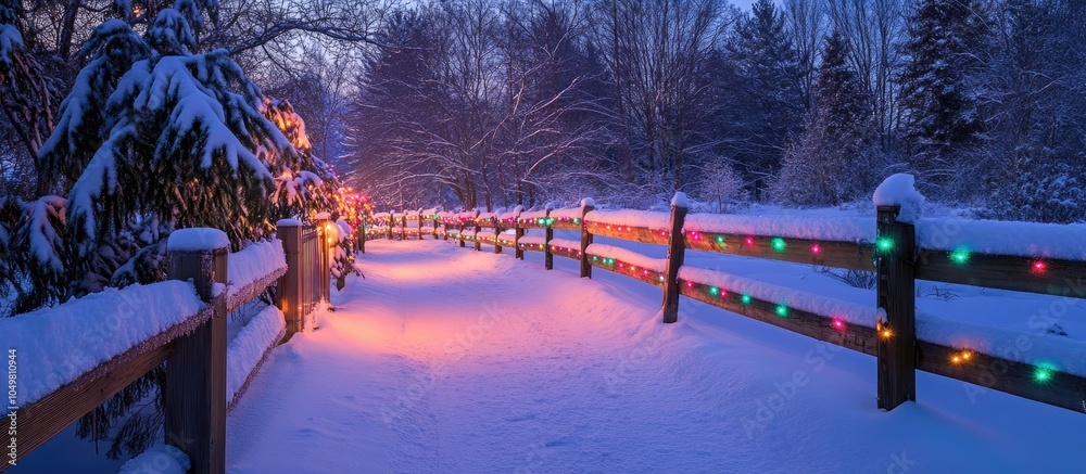 Aufkleber Clear Panorama Trail on snow covered ground beside a fence adorned with colorful lights during winter. with copy space image. Place for adding text or design