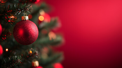 Red Christmas Ornament on Christmas Tree with Red Background