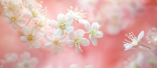 Macro world featuring white forest flowers against a pink background in nature Blooming natural forest flowers captured through macro photography for cards with a stunning array of macro flowers as