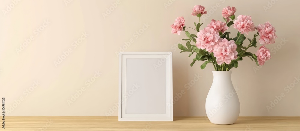 Fototapete flower vase and white photo frame on a wooden table for a family theme. with copy space image. place