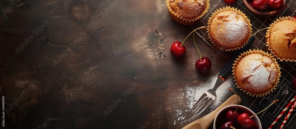 Poster cherry muffin and cooking tools. with copy space image. Place for adding text or design