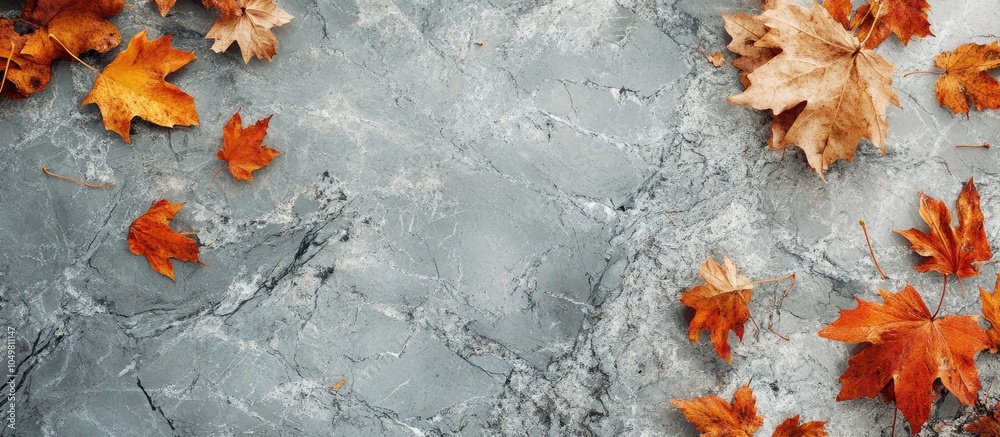 Fototapete Autumn leaves on a grey marble surface marked with scratches and spots Abstract background. with copy space image. Place for adding text or design
