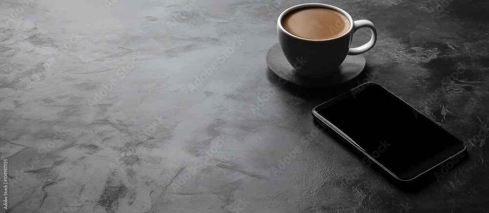 Poster A cup of coffee and a phone with a dark screen placed on a gray table Coffee and phone on a gray table. with copy space image. Place for adding text or design