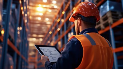 A warehouse worker in high visibility safety vest using a digital tablet to inspect and monitor inventory stored on shelves in a large commercial distribution facility
