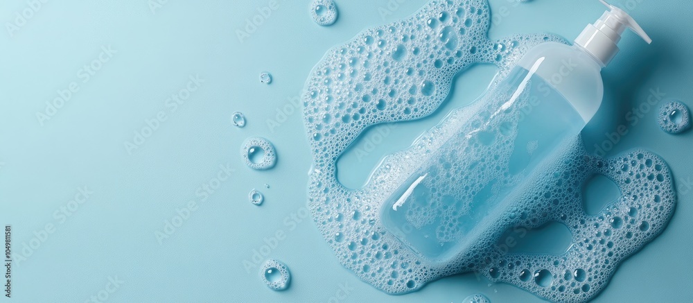 Poster Hand soap for washing on a blue background Close up. with copy space image. Place for adding text or design
