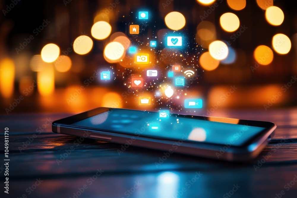Poster closeup view of a smartphone or mobile device screen displaying glowing and colorful app icons or in