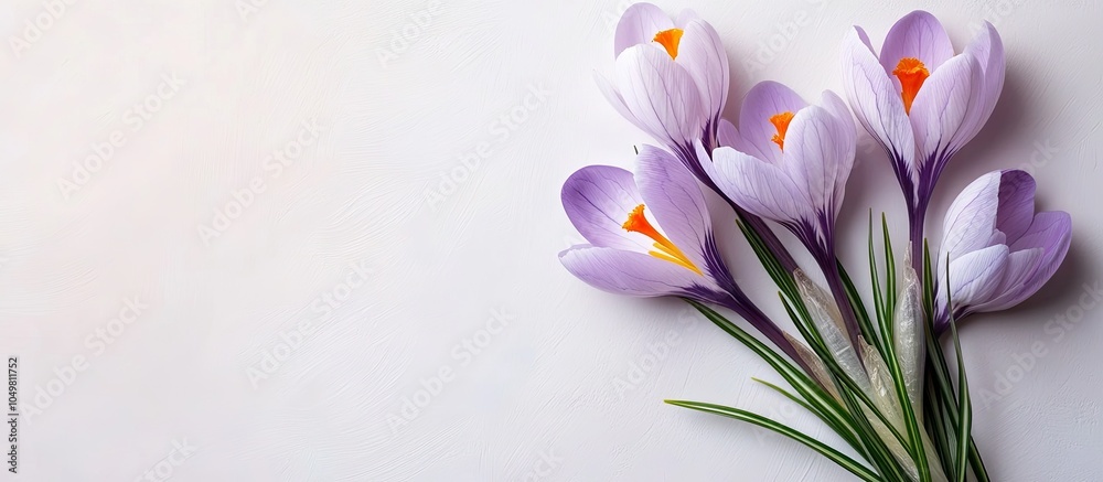 Fototapete Beautiful crocus flower set against a white background The first flowers of spring Part of the iris family violet croci Flat lay top view. with copy space image. Place for adding text or design