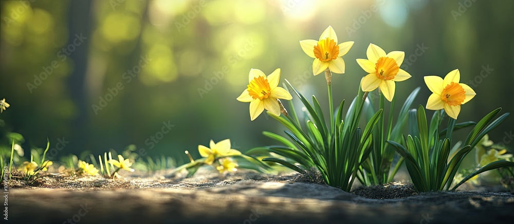 Poster sprouted spring flowers daffodils in an early spring garden selective focus copyspace