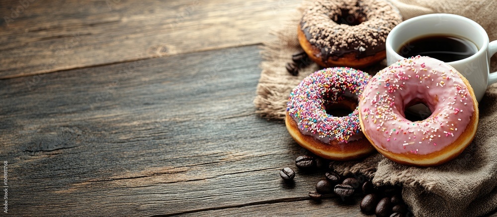 Fototapete Donuts and coffee on a wooden tabletop. with copy space image. Place for adding text or design