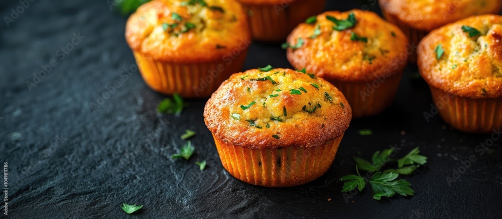 Poster savory muffins for dinner on a black table food photography. with copy space image. place for adding