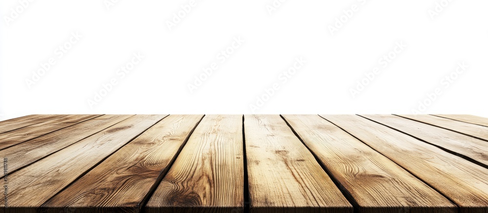 Fototapete Perspective view of a wooden table corner on a white background with a clipping path included. with copy space image. Place for adding text or design