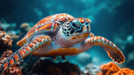 Fototapeta premium Vibrant sea turtle swimming gracefully through colorful coral reef, highlighting underwater marine life's beauty and tranquility.