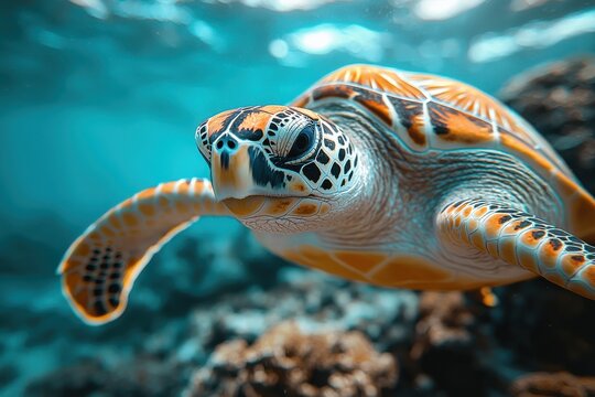 Vibrant sea turtle swimming gracefully underwater, showcasing its intricate shell pattern against a clear blue ocean backdrop.