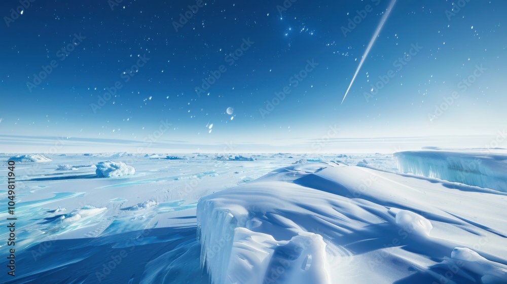 Poster A stunning perspective of an isolated ice shelf with intricate frost patterns and an unusual deep blue meteor shower streaking across the clear Arctic sky, Ice shelf scene, Celestial style