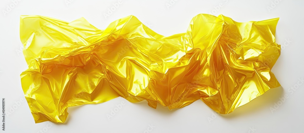 Leinwandbilder A thin sheet of yellow cellophane with a shiny crumpled surface texture on a white background Abstract Light Shadow concept. with copy space image. Place for adding text or design