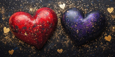 Fototapeta premium Two Hearts with Golden Speckles on Black Background
