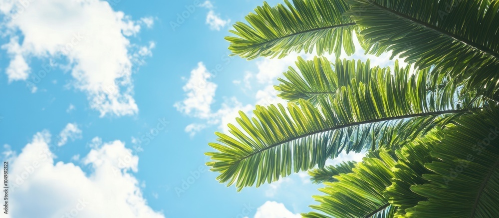 Leinwandbilder close up of norfolk island pine leaves against the sky. with copy space image. place for adding text