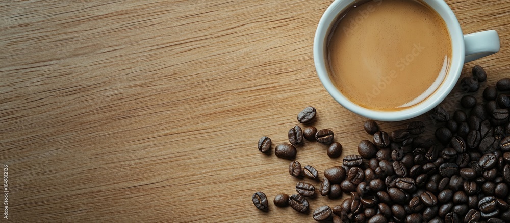 Aufkleber coffee beans beside a cup of coffee on a wooden surface. with copy space image. Place for adding text or design