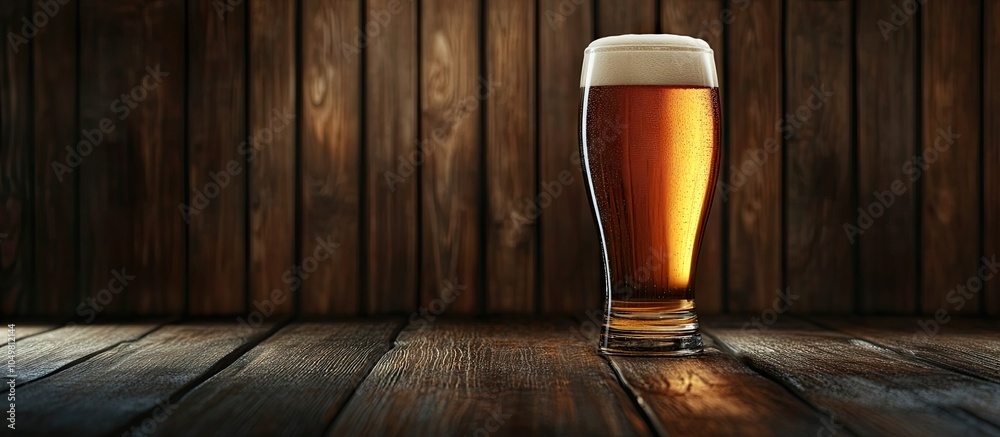 Poster glass of beer on a dark wooden background with copyspace for text