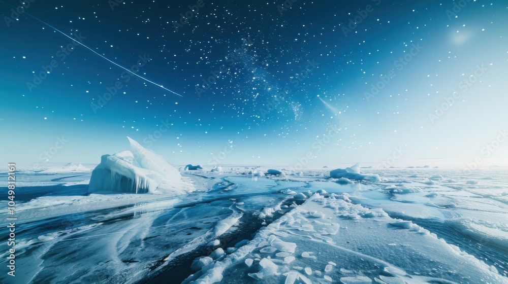 Poster A stunning perspective of an isolated ice shelf with intricate frost patterns and an unusual deep blue meteor shower streaking across the clear Arctic sky, Ice shelf scene, Celestial style
