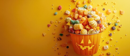 Halloween treats idea a bucket shaped like a festive pumpkin filled with candies sweets cookies jellies and desserts set against a vibrant yellow background in a top view layout with copy space