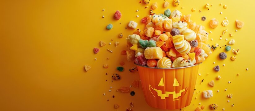 Halloween treats idea a bucket shaped like a festive pumpkin filled with candies sweets cookies jellies and desserts set against a vibrant yellow background in a top view layout with copy space