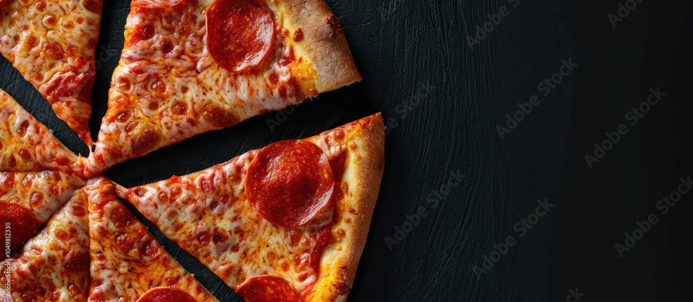 Poster Half a pizza in close up on a black background. with copy space image. Place for adding text or design