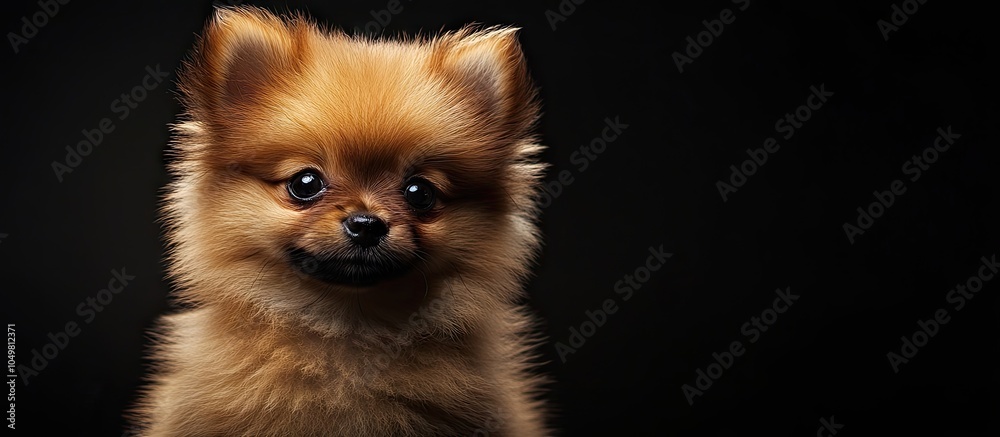 Poster miniature pomeranian spitz puppy gazing at the camera. with copy space image. place for adding text 