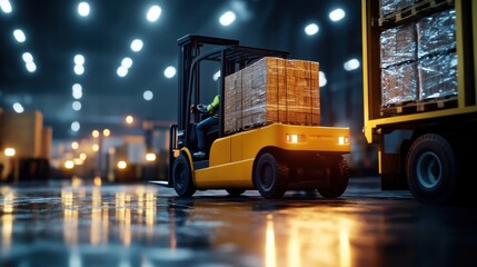 Naklejka premium Forklift Transporting Cargo Packages in Wet Industrial Warehouse at Night with Reflected Lighting Concept of Efficient Logistics Delivery and Supply Chain Management in Urban Commercial Setting