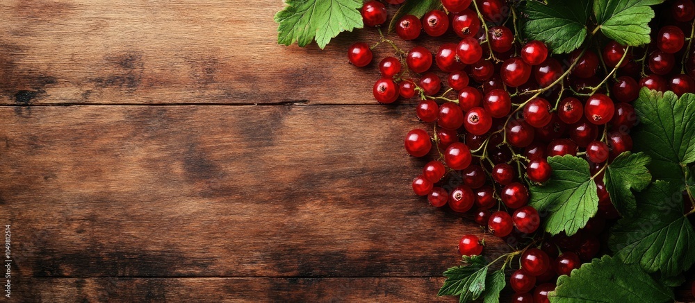 Aufkleber Fresh red currants with green leaves on a rustic wooden table top view with copy space