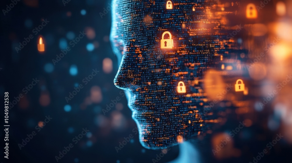 Poster futuristic digital security and data privacy concept with cybersecurity encryption and biometric fac