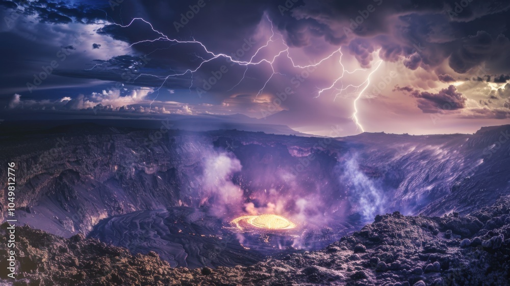 Poster A stunning view of a hidden volcanic caldera with steaming fumaroles and a dramatic lightning storm flashing across the sky, Volcanic caldera scene, Lightning style