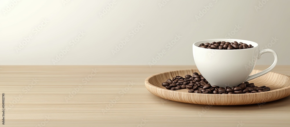 Poster empty cup with coffee beans on a wooden plate. with copy space image. place for adding text or desig