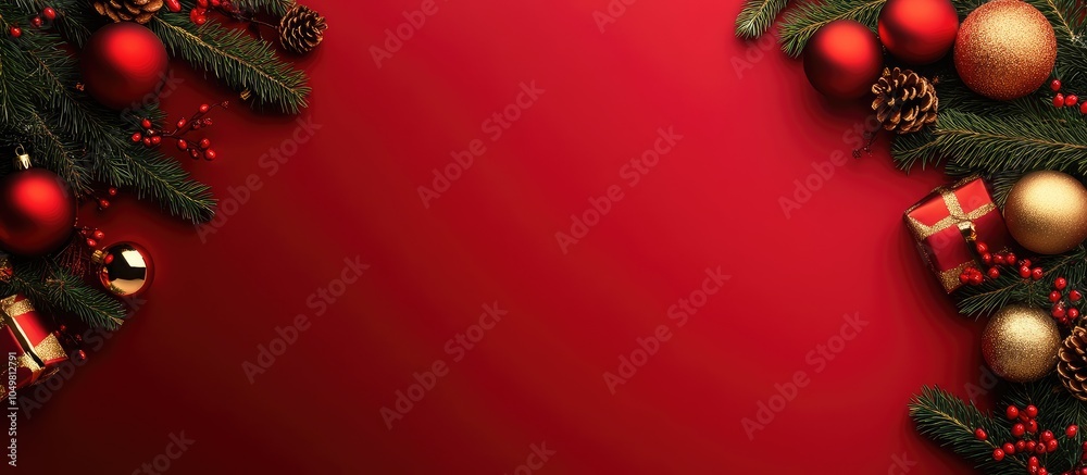 Fototapete Christmas and New Year arrangement featuring decorations red and gold ornaments and fir branches on a red background Flat layout top view. with copy space image. Place for adding text or design