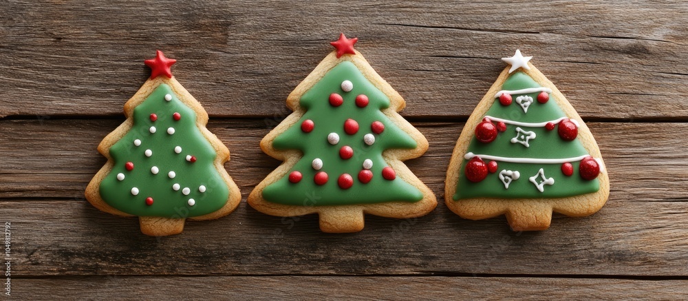 Leinwandbilder three christmas tree cookies with various decorations on a wooden background. with copy space image.
