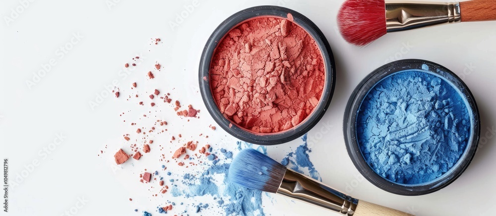 Poster red and blue moroccan clay powder for cosmetics spa arrangement with a brush on a white background. 