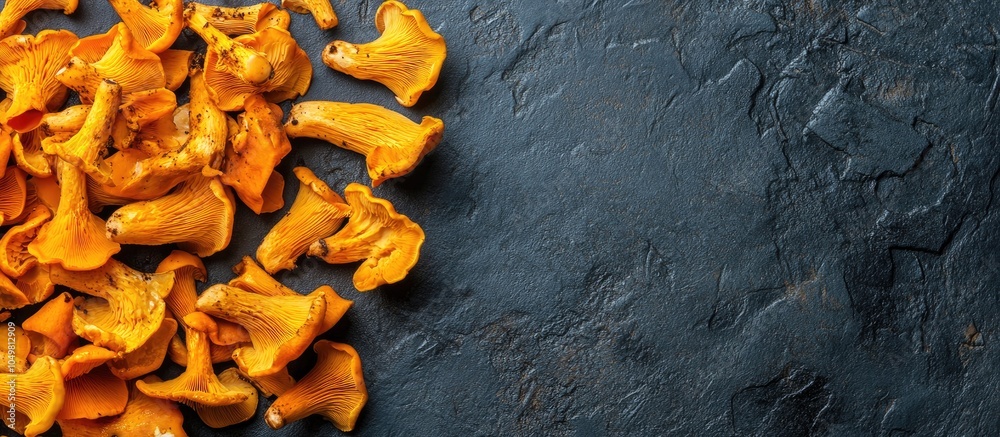 Leinwandbilder Fresh chanterelle mushrooms are delicious snacks displayed on a table featuring a rustic top view with plenty of copy space
