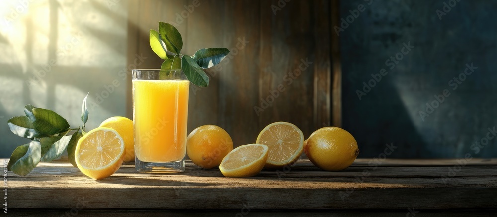 Poster wood table featuring freshly squeezed lemon juice and lemon slices. with copy space image. place for