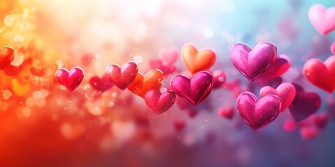 Obraz premium Red and Pink Shiny Hearts Floating in a Blurred Background