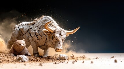 Fototapeta premium Imposing prehistoric desert creature emerging from parched cracked earth of desolate arid landscape Powerful fierce mythological beast symbolizing survival adaptation