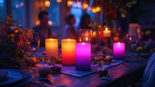 Friends gathered around an autumnal table with digital candles controlled by an app, adjusting the warmth and color of the light as the evening progresses, creating a high-tech cozy ambiance 